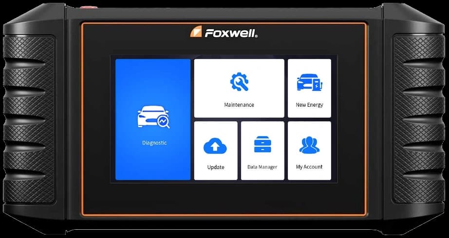 Foxwell i50 Pro professzionális szkenner fekvő házban, narancs kerettel és a diagnosztikai főmenüvel