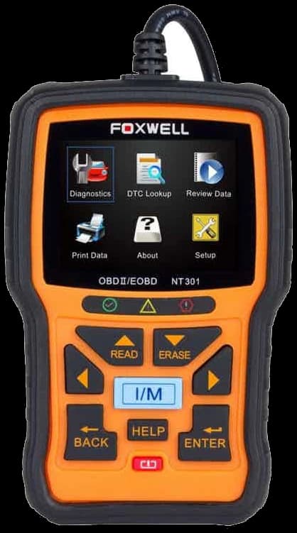 Foxwell NT301 kézi hibakódolvasó: narancs-fekete ház, színes kijelző a Diagnostics és DTC Lookup menüpontokkal, READ és ERASE gombok