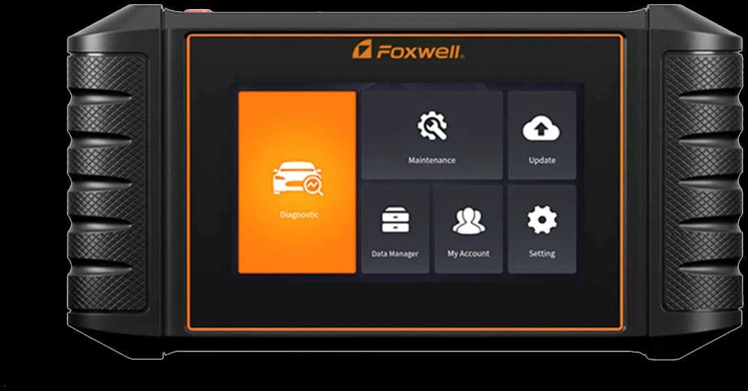 Foxwell NT650 Elite II szkenner fekvő házban, narancs kerettel és a Diagnostic menücsempével a kijelzőn