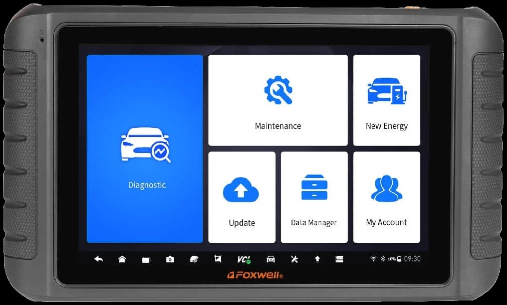 Foxwell i80 II Csúcskategóriás diagnosztikai platform, bekapcsolva — a kijelzőn a Foxwell kezdőképernyője